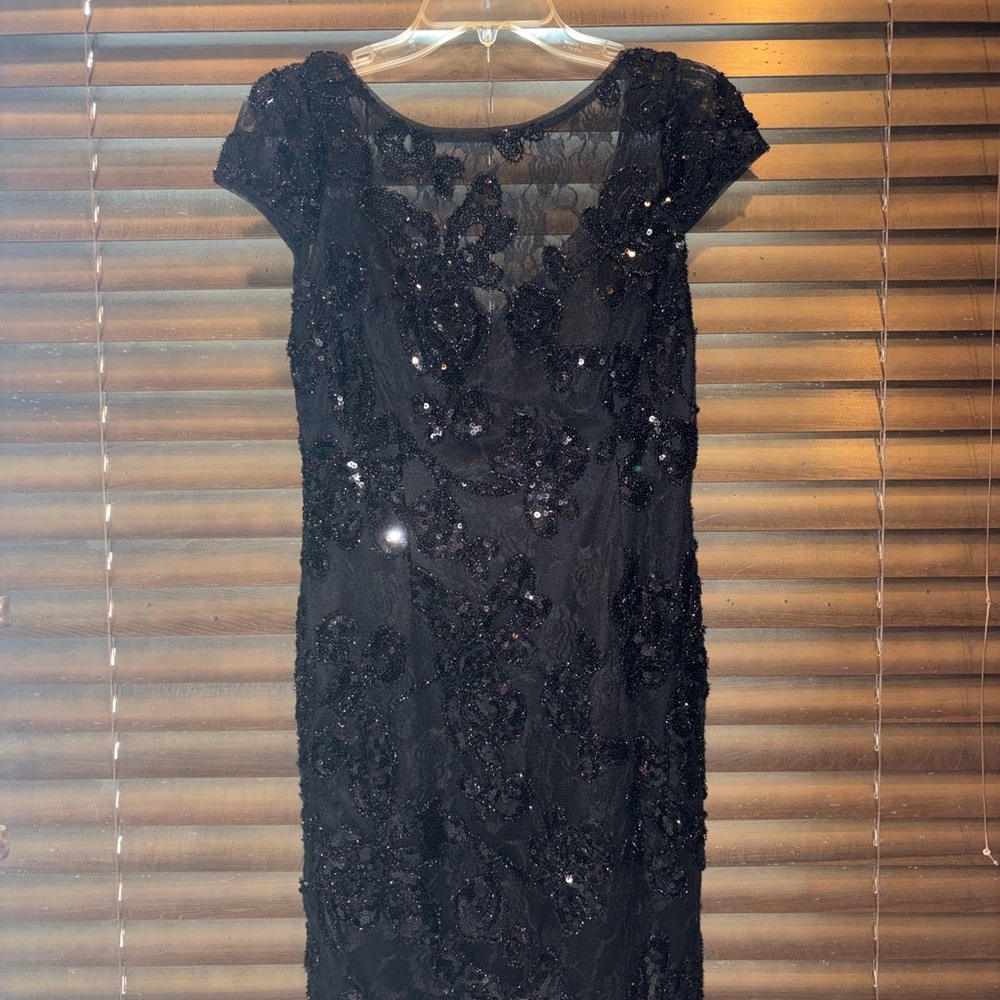 Adrianna Papell Black Beaded Lace Midi Dress